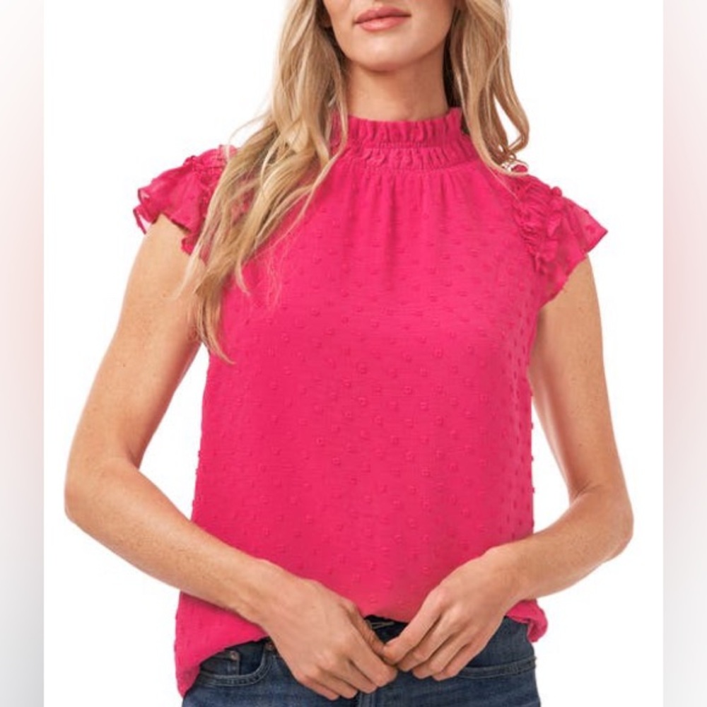 CeCe Clip Dot Ruffle Mock Neck Crepe Top in Fuchsia Glow Pink - Large